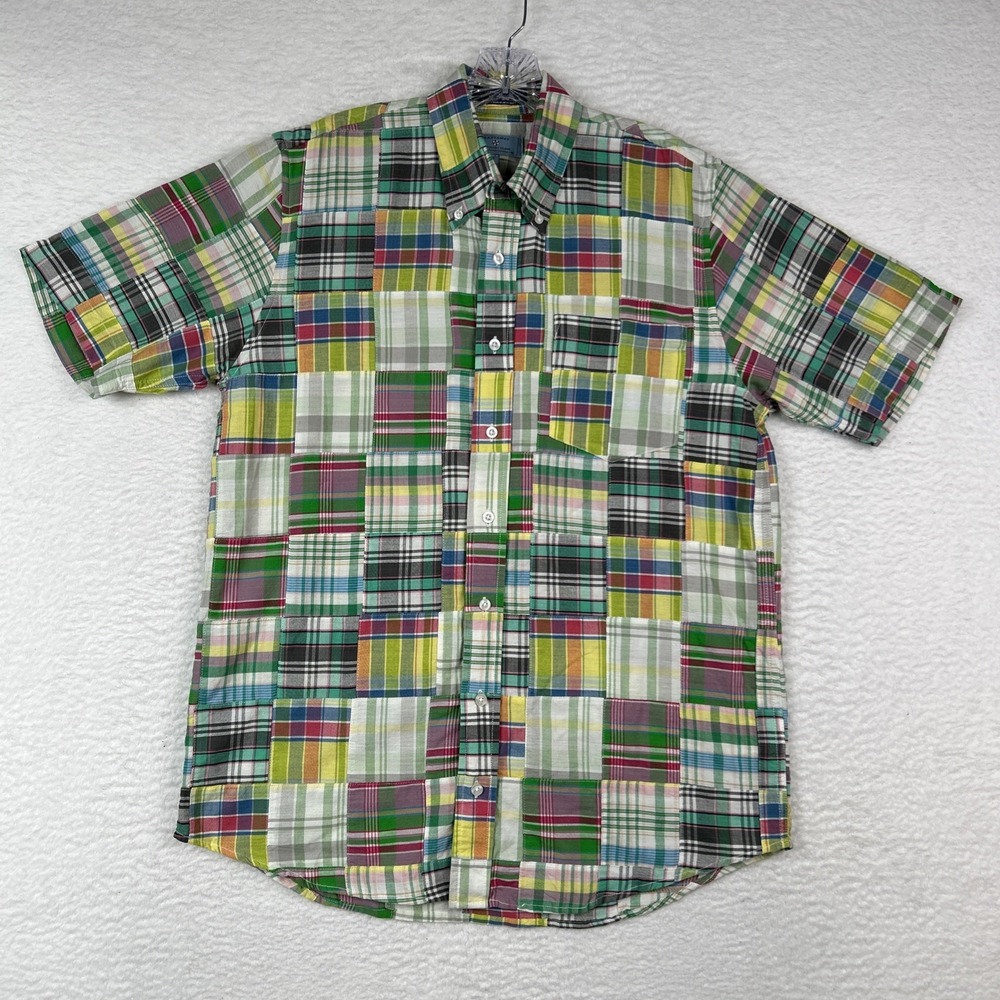 Castaway Nantucket Shirt Men Small Madras Plaid Patch Quilt Island Beach Preppy